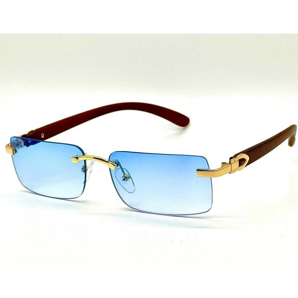 Rimless Men Sunglasses Blue Lens Wood Arms Gold Street Wear Trendy Hip Hop Shade